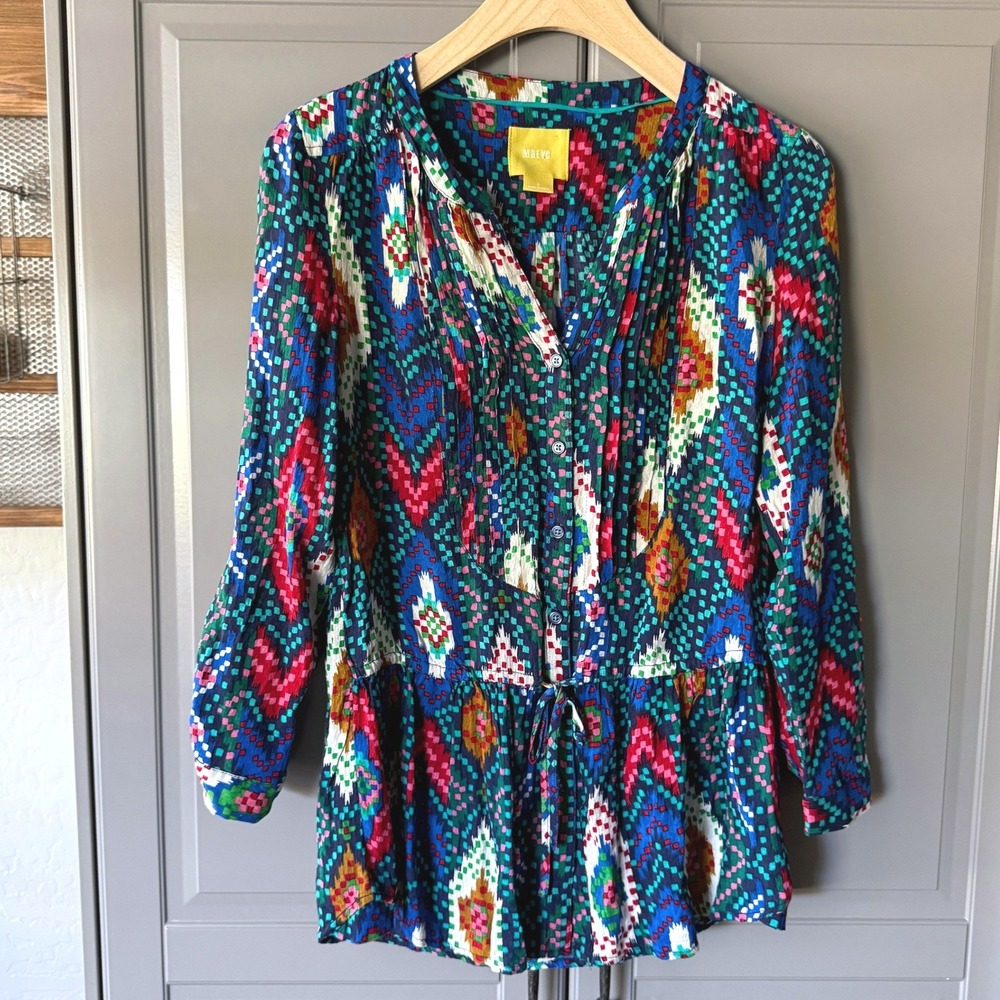 Anthropologie Maeve Women's Ikat Print Drawstring‎ Waist Tunic Blouse, Multi,0